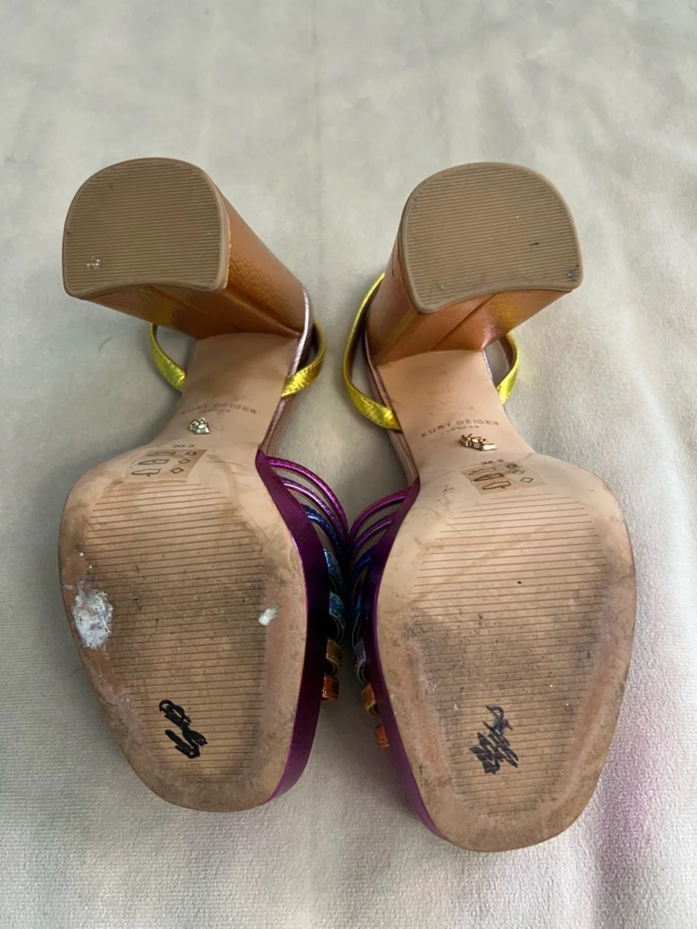 🌈 Kurt Geiger London Rainbow Platform Heels 💖 Metallic Slingback Block Heel 36.5